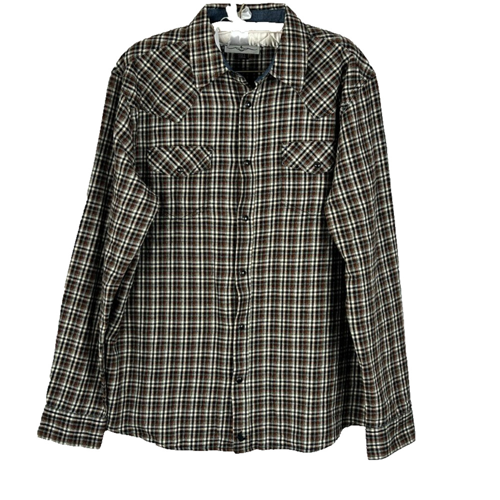 Cody James Shirt Mens Sz Large Black Brown Plaid Cotton Pearl Snap Buttons